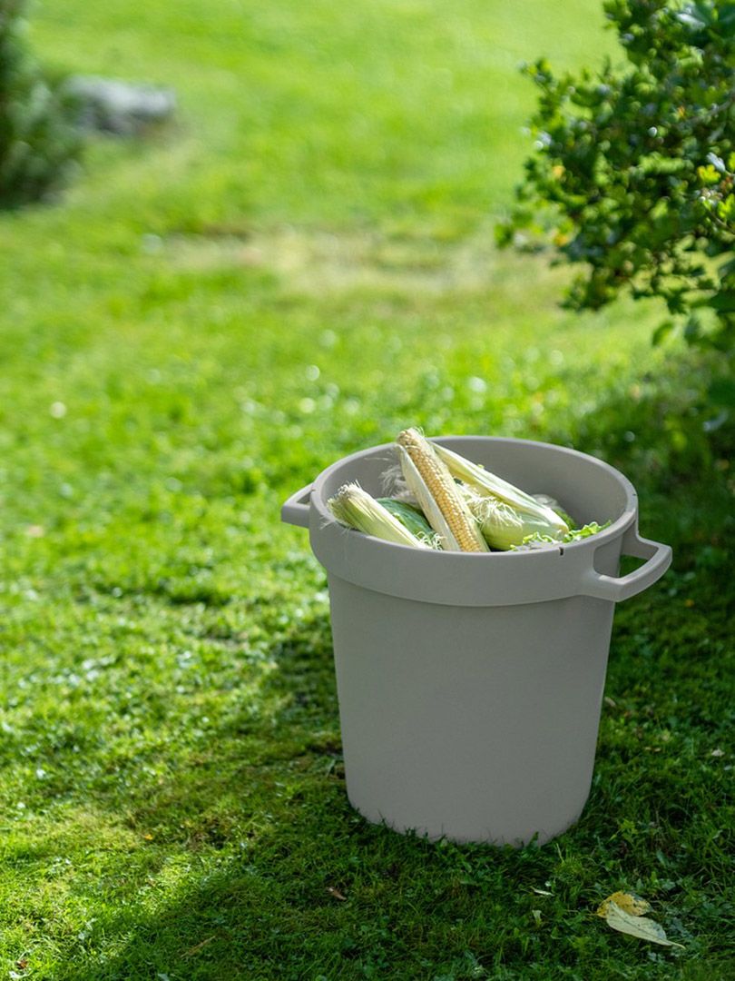 Maisseja Orthex saavissa pihalla