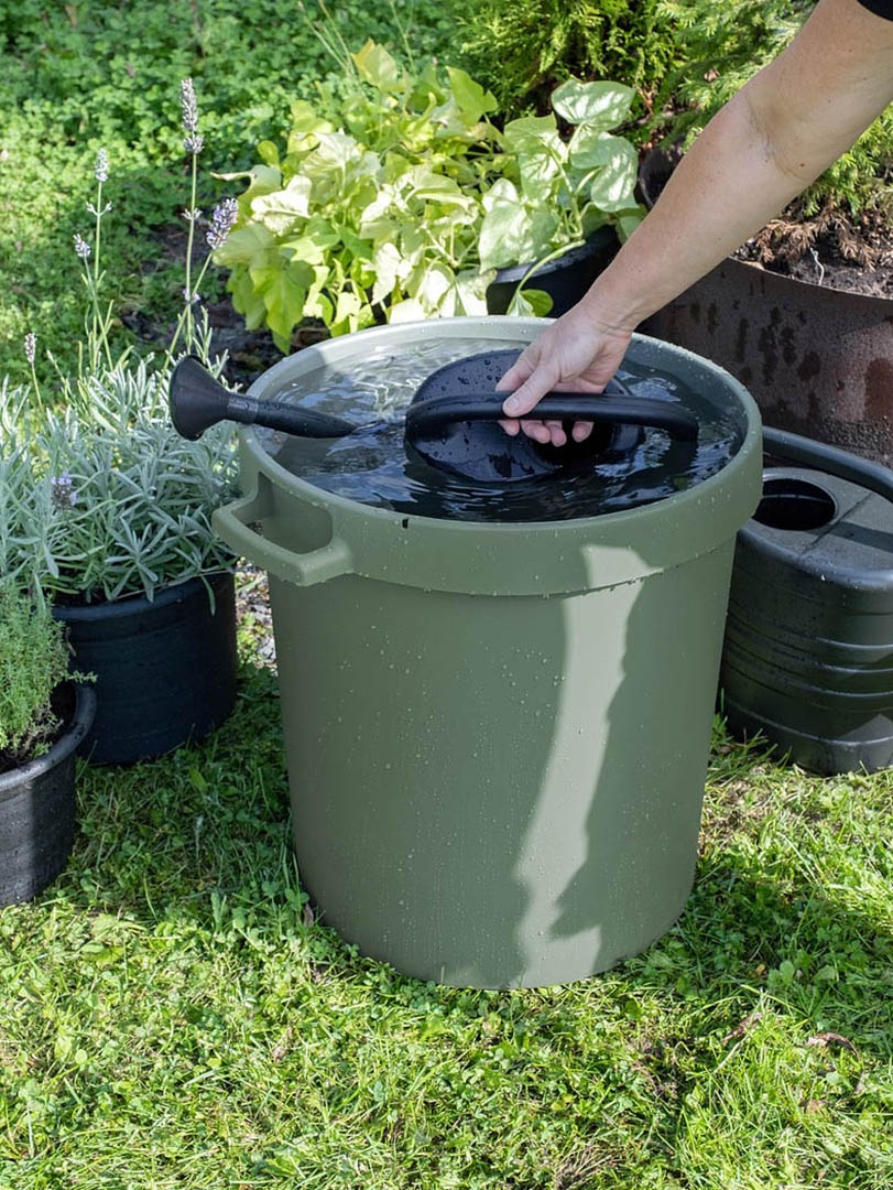 Hand taking water from Orthex bin with a watering can