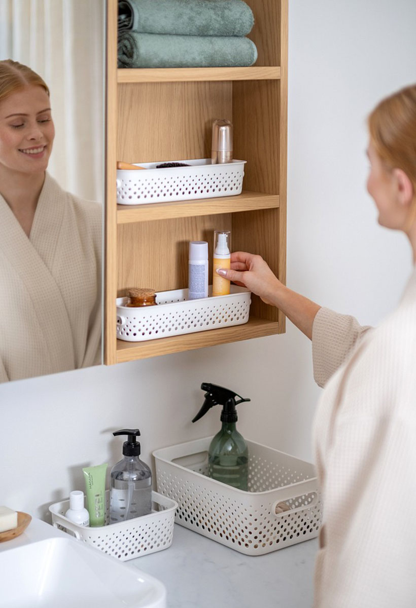A woman looking at mirror and reaching for a lotion in SmartStore Essence storage basket