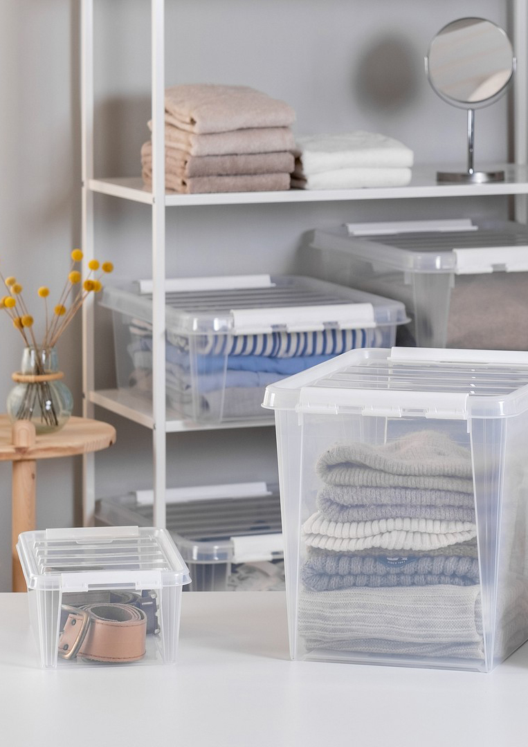 SmartStore Classic storage boxes in a walk-in closet